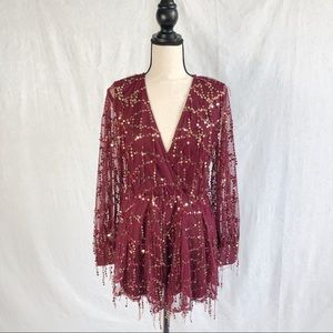 Romper - Long Sleeve Burgundy Lace with Sequins